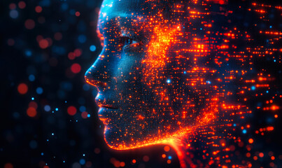 Poster - Futuristic digital human face composed of glowing orange and blue data points and lines in dark space representing artificial intelligence and advanced technology concept