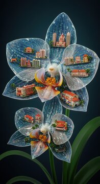 Orchid Cityscape: Miniature Buildings Inside a Stunning Blue Orchid Blossom