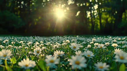 Poster - Blooming wildflower field with white daisy flowers and green grass under warm sunlight in peaceful forest clearing