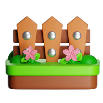 Wooden fence protecting blooming pink flowers in green garden bed: 3d illustration with transparent background