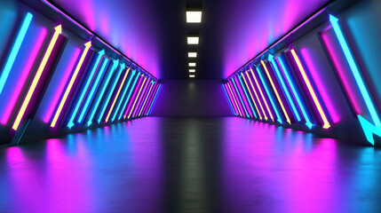 Aufkleber - Futuristic tunnel with neon arrows, glowing lights, purple and blue illumination, modern corridor, vibrant atmosphere, abstract design