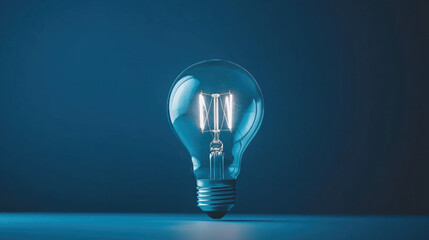 Leinwandbilder - Clear glass light bulb standing upright on blue background, glowing filament visible, minimal style, innovation and creativity concept