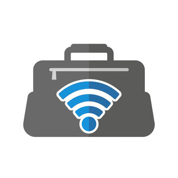 Stylized briefcase with integrated blue WiFi signal icon for mobile connectivity.