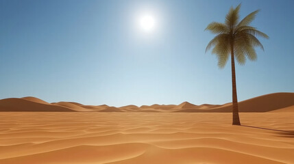 Poster - Desert landscape with soft sand dunes, long shadows, clear blue sky, bright sun, and single palm tree evoke tranquility