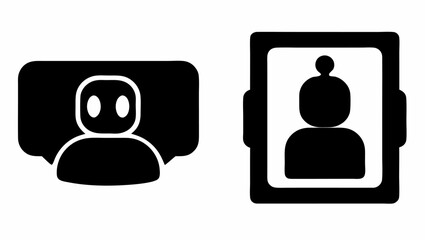 Poster - Two stylized portraits one showing a person in a screen and the other in a picture frame design with black fill