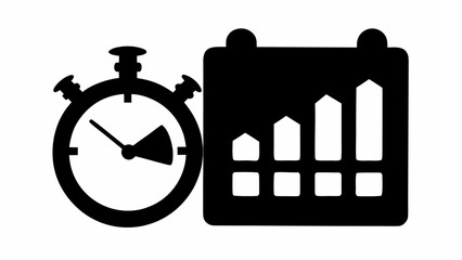 Aufkleber - A black and white illustration showing a stopwatch and a calendar with a bar graph displayed on it