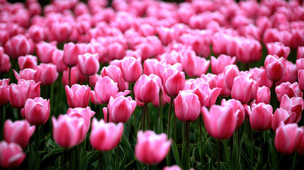 Poster - Pink tulip field, spring bloom, vibrant flower rows, outdoor garden, natural beauty, cheerful mood