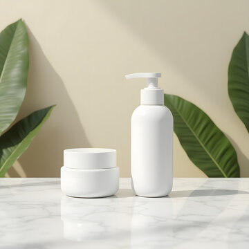 Cosmetic cream container with green leaf on clean background
