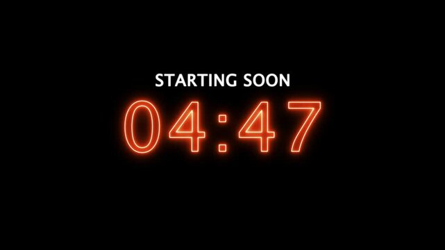 Starting soon glowing neon Digital countdown clock timer in 5 minute to zero second. neon text number on isolated black background. Element for overlay concept. 4K footage motion video