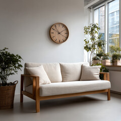 Poster - Minimalist living room with beige sofa, wooden frame, indoor plants, large window, natural light, and wall clock