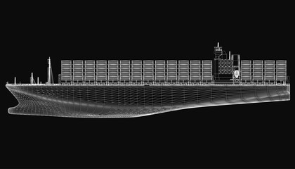 Poster - A detailed 3D model blueprint of a large cargo ship on a black background, showcasing the hull, superstructure, and intricate design features. The technical illustration highlights the vessel