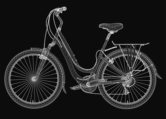 Aufkleber - A 3D wireframe model of a bicycle with detailed handlebars, pedals, and seat, rendered realistically on a black background. The intricate mesh structure highlights the bike's frame and components