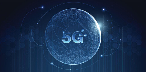 Poster - 5G network wireless internet Wi-fi connection and internet of things with modern city skyline. Smart city and communication network concept. High speed, broadband telecommunication. vector design.