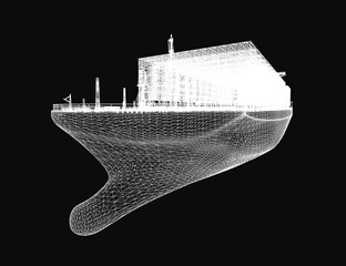 Poster - A large cargo ship 3D model rendered in crisp white stands out against a sleek black background. The detailed vessel features prominent containers, smooth hull lines, and realistic proportions.
