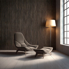 Poster - Modern lounge chair ottoman wood floor large window floor lamp cozy contemporary minimal sunlight peaceful