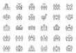 © Yasmeen  - Collection of business people in meetings, presentations, and teamwork line art icons on a white background