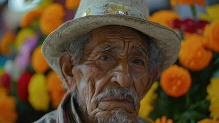 Poster - A gentle elderly man posing among colorful flowers, perfect for illustrations, greeting cards or representing wisdom and simplicity
