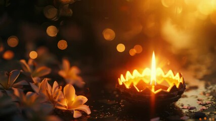 Aufkleber - A lit candle surrounded by flowers on a table, suitable for interior decoration or special occasions