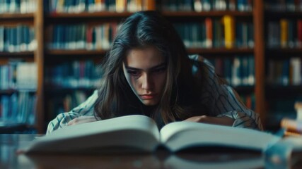 Poster - A person sitting in a library surrounded by books and shelves, focused on reading a book