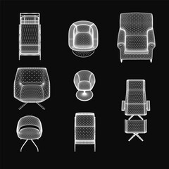 Fototapete - Six unique armchairs arranged symmetrically on a black background, each with distinct shapes and sizes. The chairs feature a range of light to dark colors, creating a modern and sophisticated.