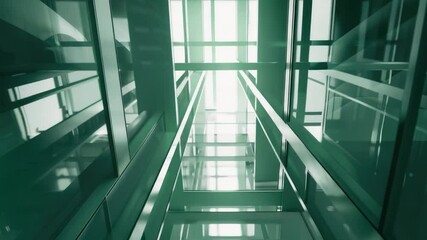 Aufkleber - An escalator inside a modern building with glass walls and stainless steel railings, ideal for commercial or office use