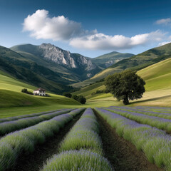Poster - Lavender field green hills mountain blue sky white cloud tree house summer peaceful scenic landscape