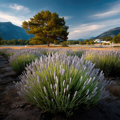 Poster - Lavender field mountain tree summer nature landscape rural scenic outdoor peaceful. Lavender field with blooming flowers mountain backdrop
