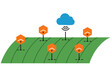 © vector - Illustration depicting field flow with wireless signals stylized cloud suggests connectivity Clean modern design with green landscape and orange hexagons