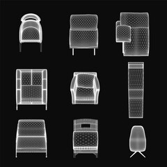 Fototapete - Set of unique armchairs arranged on a black background, showcasing distinct designs in a 3D model. Each chair features intricate details, clean lines, and modern aesthetics.