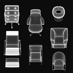 Fototapete - Four unique chairs arranged symmetrically on a black background, each with distinct shapes and sizes. Light to dark color variations, some featuring curved backrests and armrests.