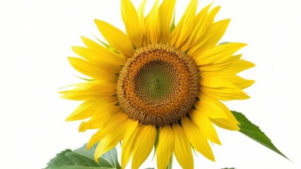 Aufkleber - A single yellow sunflower with green leaves standing out against a clean white background
