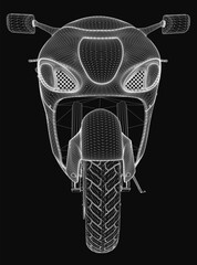 Fototapete - A sleek 3D wireframe model of a sports motorcycle features intricate details like headlights, handlebars, and wheels against a black background. The design highlights the bike's dynamic structure.