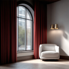 Poster - Elegant modern armchair near large arched window with red curtains, soft natural light, cozy and inviting interior design