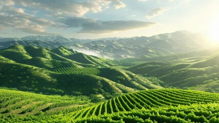 Poster - A picturesque scene of rolling green hills bathed in warm sunlight