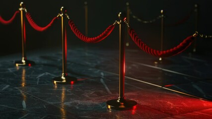 Poster - A row of red rope barriers with a red light