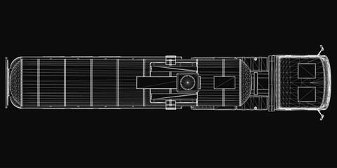 Poster - A detailed black and white blueprint of a tanker truck on a solid black background, featuring intricate design elements like the cab, cylindrical storage tank, and multiple wheels.