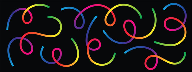 Fototapete - Whimsical arrangement of rainbow-colored ribbons. These vibrant strands twist and curve against the stark black background, creating a festive, energetic, and eye-catching display.