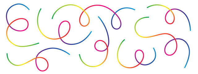 Fototapete - This image showcases a collection of brightly colored, swirling lines, gracefully flowing across a stark white background. The rainbow spectrum adds a whimsical touch.