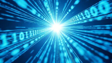 Poster - Abstract blue digital tunnel, binary code streams converge at bright light source, symbolizing data flow, information transfer, technological progress, and digital frontier