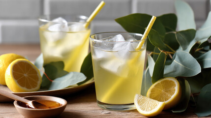 Poster - Two glasses of iced lemonade with lemon slices, honey, and eucalyptus leaves on wooden table, refreshing and inviting