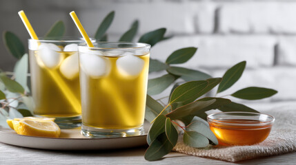 Poster - Two glasses of iced yellow drink with lemon, honey, and eucalyptus leaves on tray, refreshing and inviting for summer enjoyment