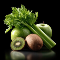 Poster - Green apple, celery, whole and sliced kiwi fruit arranged on black background, fresh and healthy food concept