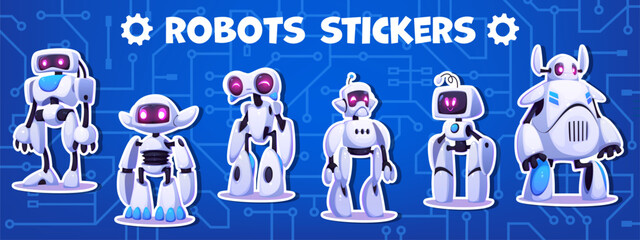 Poster - Stickers pack of cartoon futuristic robot and droid characters, vector cyber bots. Cartoon toy cyborgs or robotic droids and alien animal bots with face display for funny futuristic robot characters
