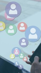 Poster - Animation of digital people icons over african american man using smartphone in cafe