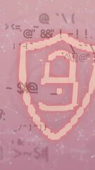 Poster - Network of connections and changing symbols against security padlock icon on pink background
