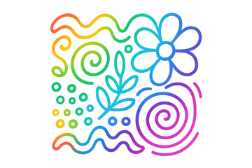 Poster - Rainbow gradient line art floral pattern with swirls, leaves, and flower on a transparent background