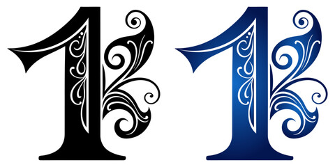 Poster - numeral 1 one in two design variants black and blue gradient, isolated vector image on transparent background