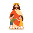 © mmiraa_vector - Jesus Christ hugging happy children. Christian love, kindness, and care concept. Religious character with kids isolated on white background. Cartoon vector illustration.