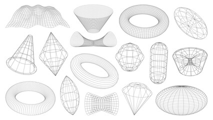 Aufkleber - 3D wireframe shapes, brutal and tech grids in retro perspective mesh, vector elements. Abstract wireframe shapes torus and tunnel, geometric polygon and planet with funnel in 3D perspective wire mesh