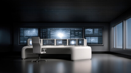 Poster - Modern cybersecurity operation center with multiple monitors, digital data visualization, and sleek white desk in high tech office